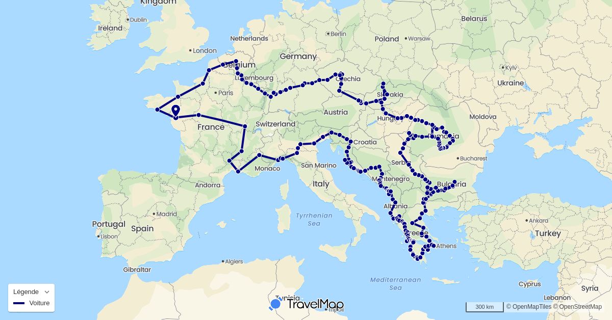 TravelMap itinerary: driving in Albania, Austria, Bosnia and Herzegovina, Belgium, Bulgaria, Czech Republic, Germany, France, Greece, Croatia, Hungary, Italy, Montenegro, Macedonia, Romania, Serbia, Slovenia, Slovakia (Europe)